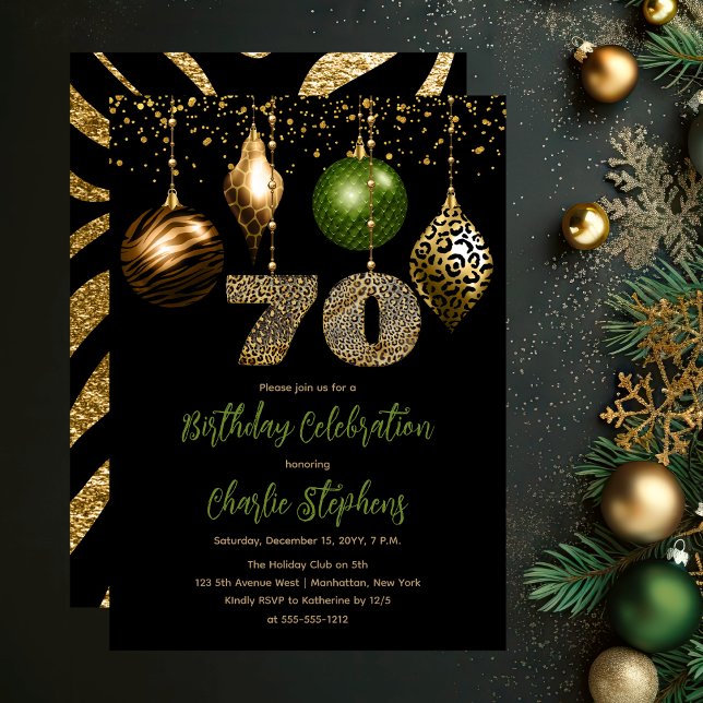 Invitation Baubles de la peau d'animal tropicale 70e fête d'a (Glamorous Tropical Animal Print Baubles 70th Birthday Party Invitation in Black, Gold & Olive Green)