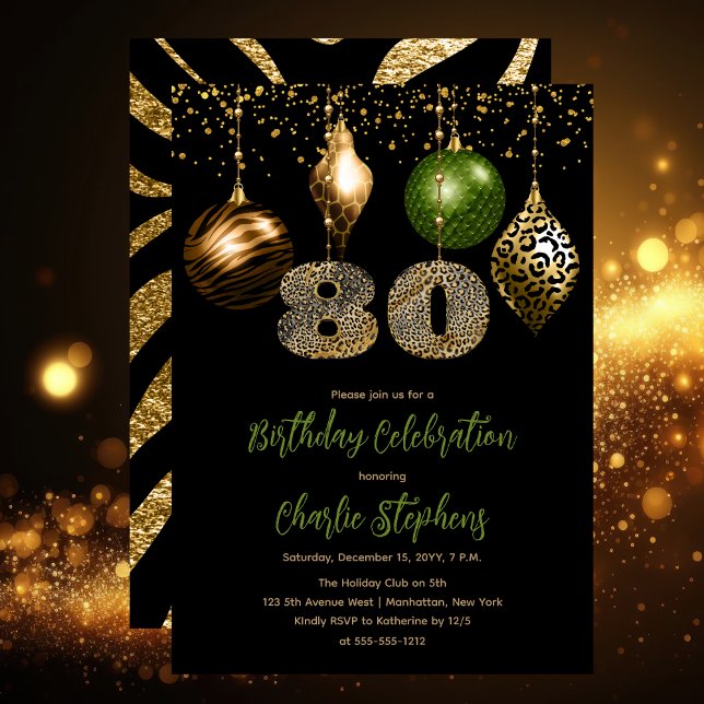 Invitation Baubles de la peau d'animal tropicale 80e fête d'a (Glamorous Tropical Animal Print Baubles 80th Birthday Party Invitation in Black, Gold & Olive Green)