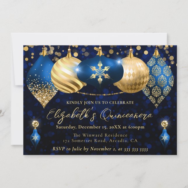 Invitation Baubles de Noël bleu et or Quinceanera (Devant)