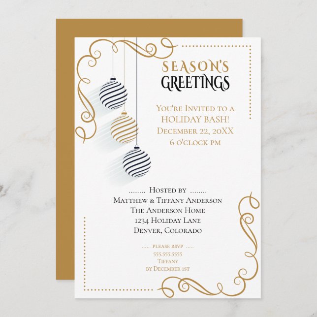 Invitation Baubles de vacances minimaux Noir et Or (Devant / Derrière)