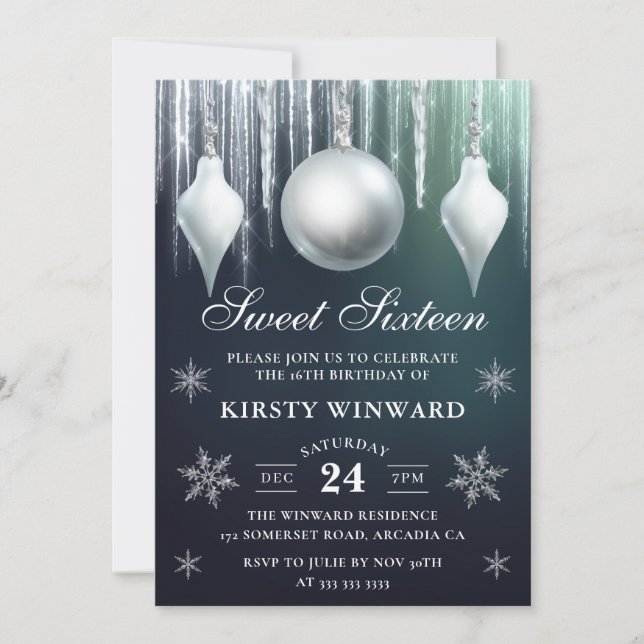 Invitation Baubles de verre d'hiver et Sweet sixteen de floco (Devant)