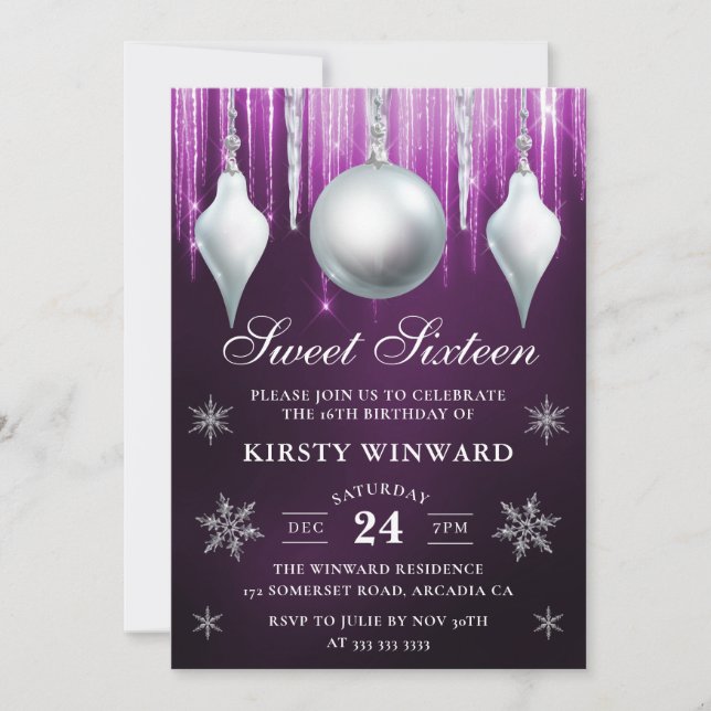 Invitation Baubles de verre d'hiver et Sweet sixteen de floco (Devant)