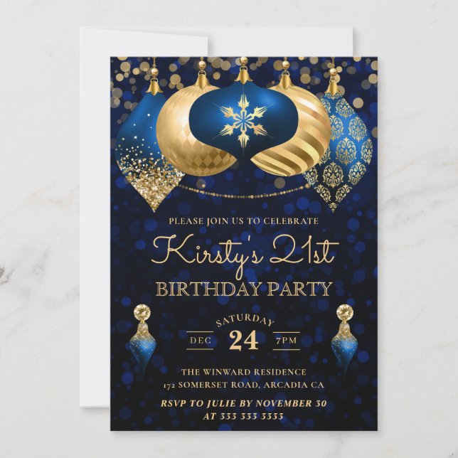 Invitation Baubles d'hiver Bleu & Or 21e anniversaire (Devant)