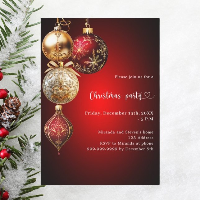 Invitation Baubles d'or rouge Noël (Créateur téléchargé)