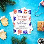 Invitation Baubles d'ornement bleu rouge Échange Noël<br><div class="desc">Cette invitation à la fête de Noël, mignonne et festive, est parfaite pour toute fête festive. Il présente des ornements dessinés à la main dans les tons rouge, bleu, blanc, noir et vert autour de la frontière. Les ornements comprennent un Père Noël, un Flambeau de neige, un arbre et des...</div>