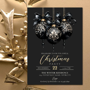 Invitation Baubles noir et or élégant Noël de luxe