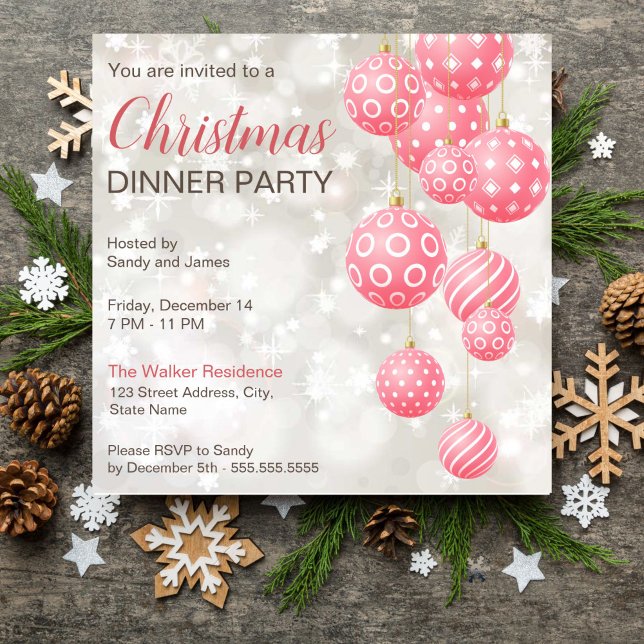 Invitation Baubles roses gris pastel couleurs arrière - plan (Pink baubles grey pastel colors background Christmas dinner party editable template invitation)