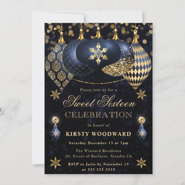 Invitation Baubles scintillantes bleues et or pour Sweet Sixt (Devant)
