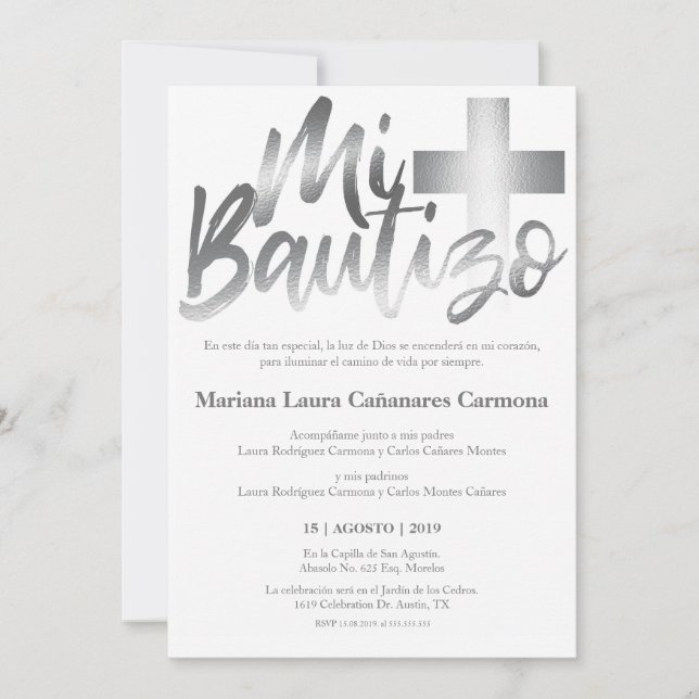 Invitation Bautizo Baptism Espagnol Faux SILVER (Devant)