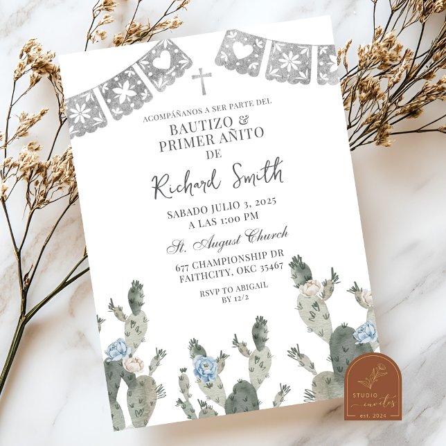 Invitation Bautizo de cactus mexicain poussiéreux bleu argent (Créateur téléchargé)
