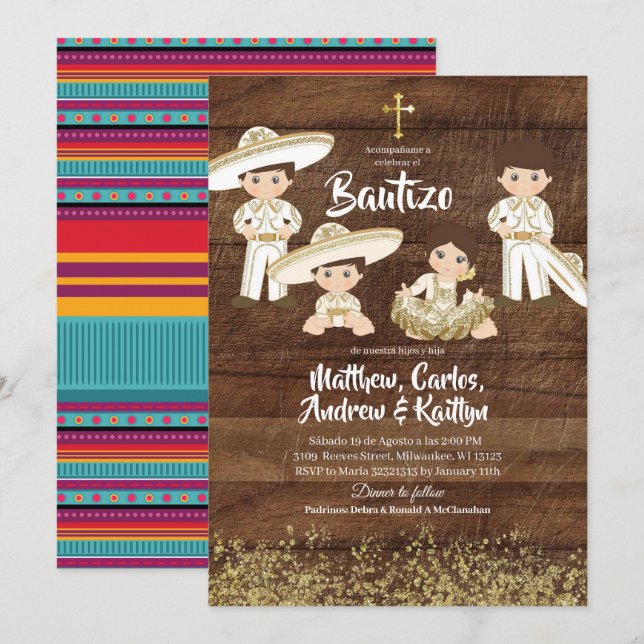 Invitation Bautizo de frère et soeur Cactus Mexicain Rustique (Devant / Derrière)