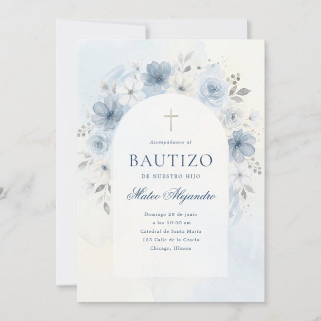 Invitation Bautizo de garçon d'arche florale aquarelle bleu p (Devant)