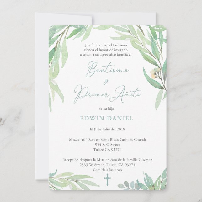 Invitation Bautizo espagnol Baptême garçon et premier anniver (Devant)