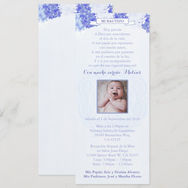 Invitation Bautizo Español | Baptême espagnol Blue Hydrangeas (Devant / Derrière)