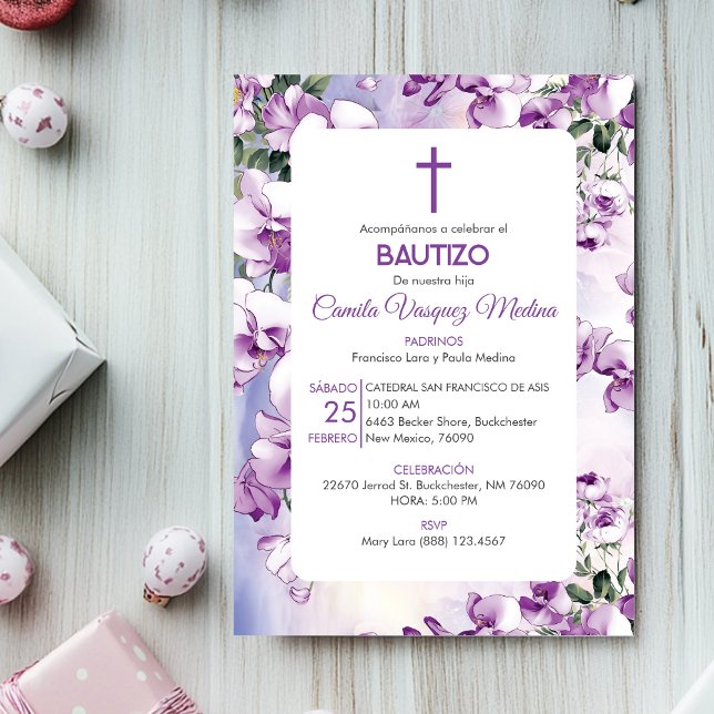 Invitation Bautizo Invitación Baptism mignon Fleurs violettes (Créateur téléchargé)