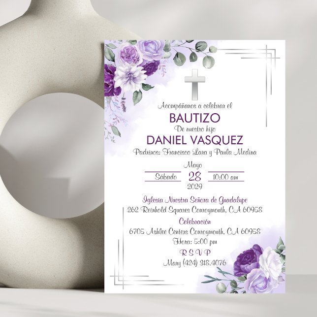 Invitation Bautizo Invitación Baptism mignon Fleurs violettes (Créateur téléchargé)