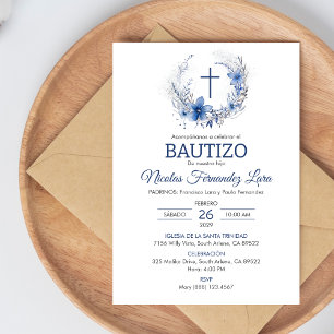 Invitation Bautizo Invitacion Cute Croix Bleu Fleurs Baptême