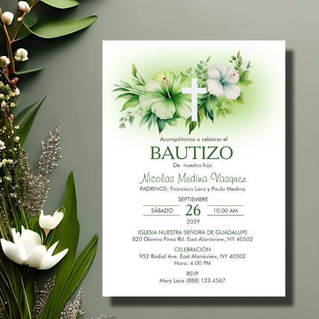 Invitation Bautizo Invitacion Elégante Fleurs Blanches Baptêm (Créateur téléchargé)