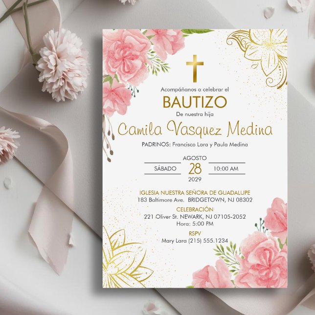 Invitation Bautizo Invitacion en espagnol Baptême rose Fleurs (Créateur téléchargé)