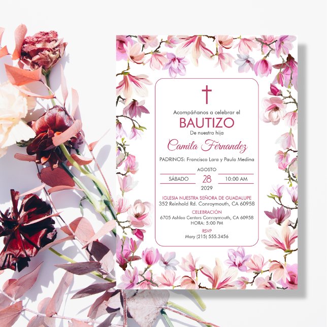 Invitation Bautizo Invitacion en espagnol Baptême rose Fleurs (Créateur téléchargé)