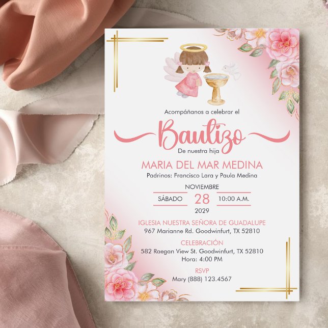 Invitation Bautizo Invitacion Fleurs mignonnes Fille Angel Ba (Créateur téléchargé)