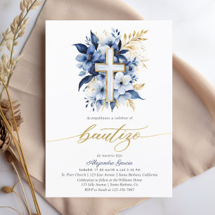 Invitation Bautizo Marine bleu & or Aquarelle espagnol