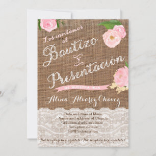 Invitation Bautizo y presentación, niña, arpillera, encaje