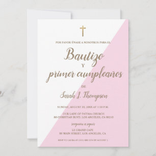 Invitation Bautizo y primer cumpleaños Baptême espagnol rose