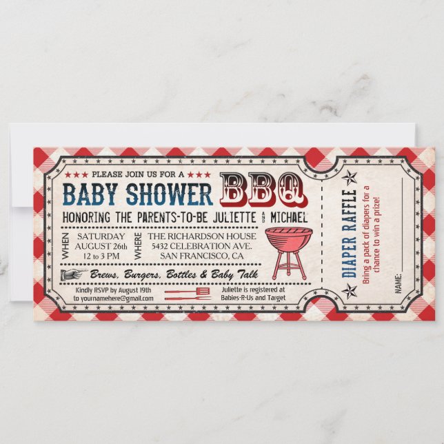 Invitation BBQ Baby shower Billet de plongée Raffle Invitatio (Devant)