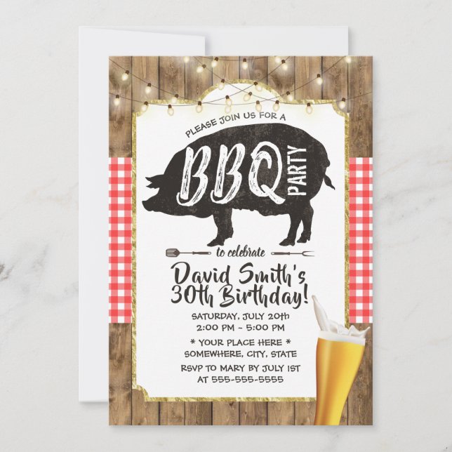 Invitation BBQ & Beer Rustic String Lights Anniversaire (Devant)