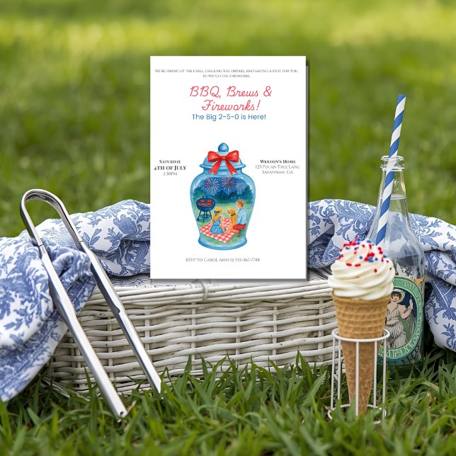 Invitation BBQ, Bières, Feux d'Artifice Pot en grès 4 juillet (A soft, natural light front-view of a 5x7 blank "BBQ, Brews & Fireworks" invitation standing upright)