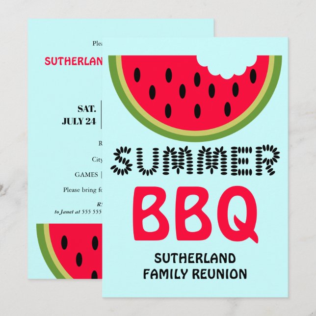 Invitation BBQ de Réunion de Famille Pastèque et Graines (Devant / Derrière)