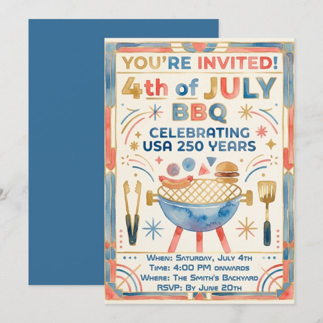 Invitation BBQ du 4 juillet – États-Unis 250 ans (Devant / Derrière)