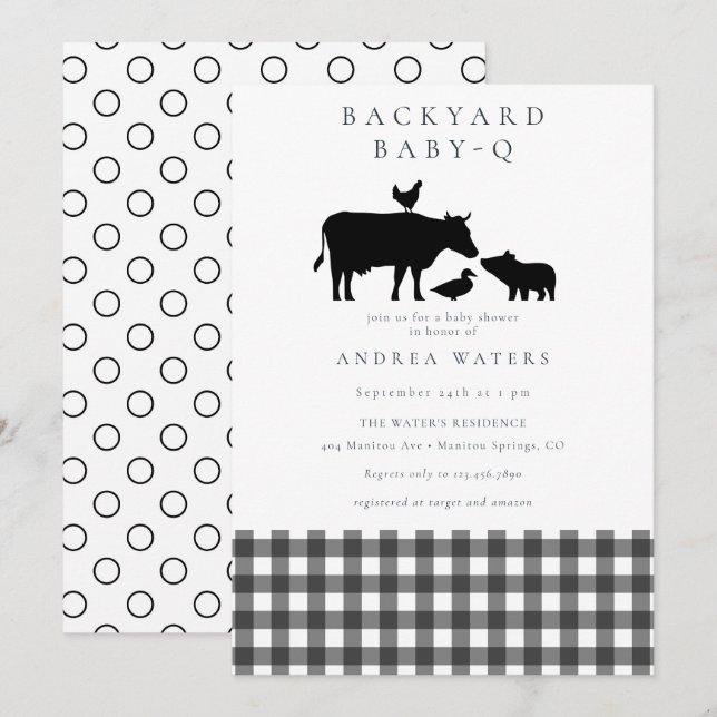 Invitation BBQ | En vichy noir | Baby shower rustique (Devant / Derrière)