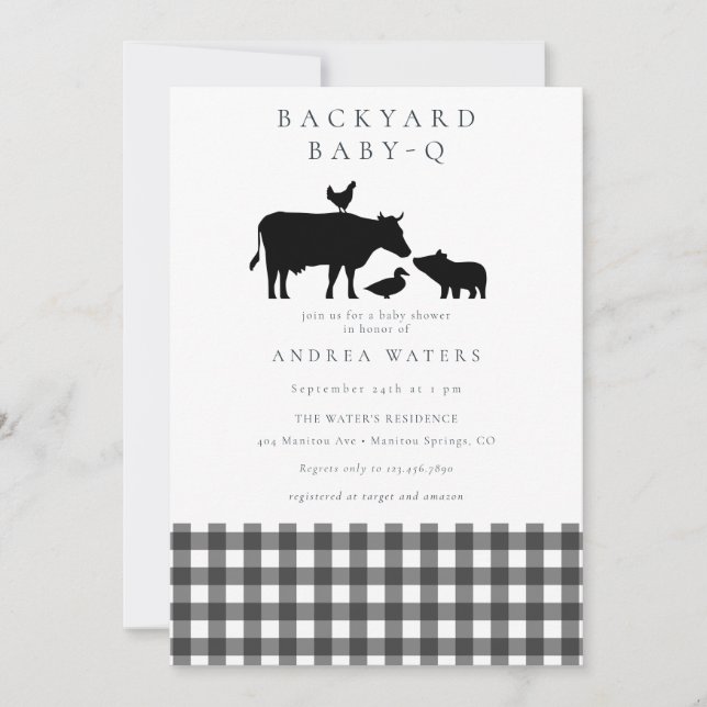 Invitation BBQ | En vichy noir | Baby shower rustique (Devant)