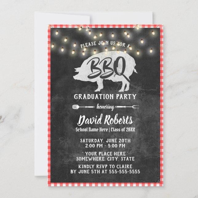 Invitation BBQ Graduation Party Vintage Red Plaid Chalkboard (Devant)
