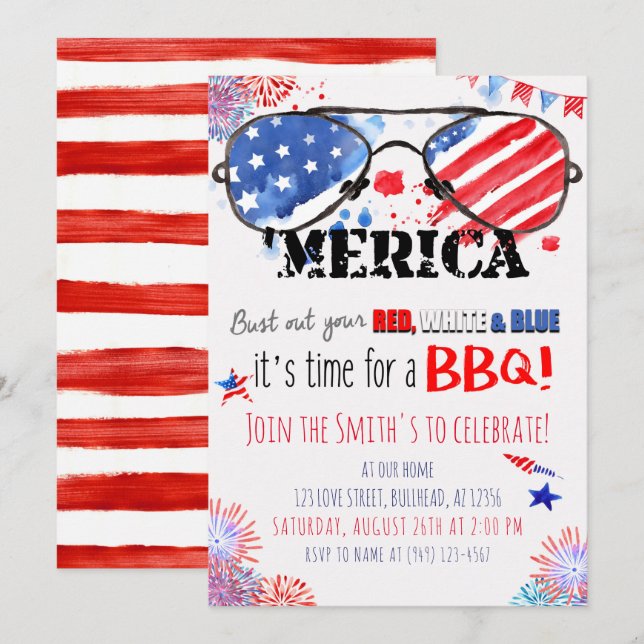 Invitation BBQ Patriotique Rouge Blanc et Bleu 4 juillet (Devant / Derrière)