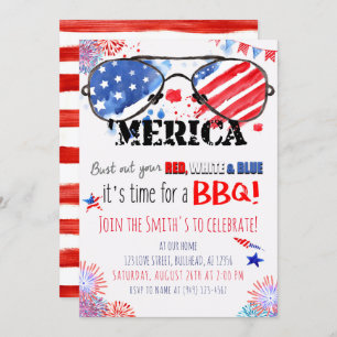 Invitation BBQ Patriotique Rouge Blanc et Bleu 4 juillet