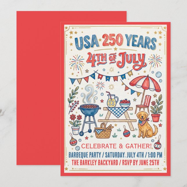Invitation BBQ pour le 4 juillet USA 250 Ans (Devant / Derrière)