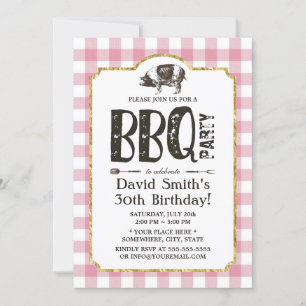 Invitation BBQ rôti de porc fête d'anniversaire Pink Plaid