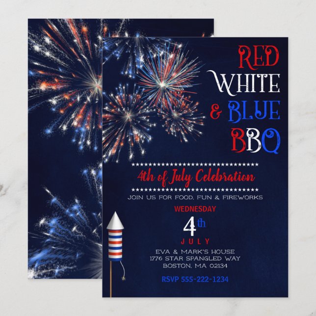 Invitation BBQ Rouge Blanc Bleu 4 juillet (Devant / Derrière)