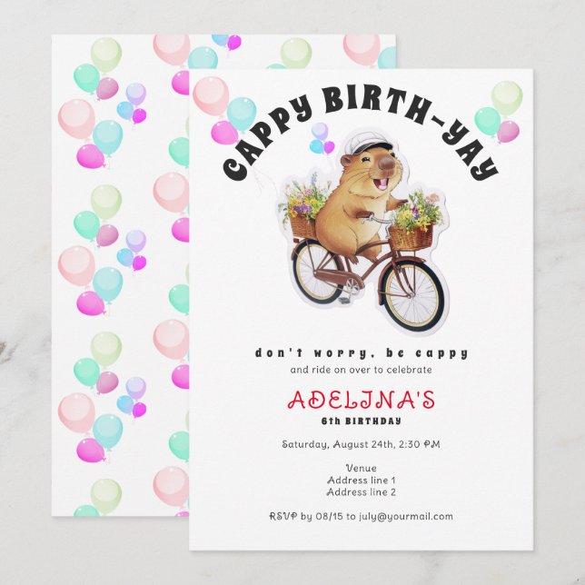Invitation Be Cappy Capybara Bicyclette Enfants mignonette fê (Devant / Derrière)