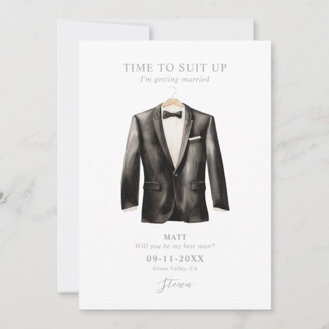 Invitation Be My Best Man Aquarelle Noir & Blanc Tuxedo (Devant)