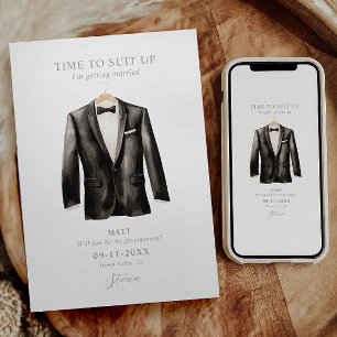 Invitation Be My Groomsman Aquarelle Noir & Blanc Tuxedo