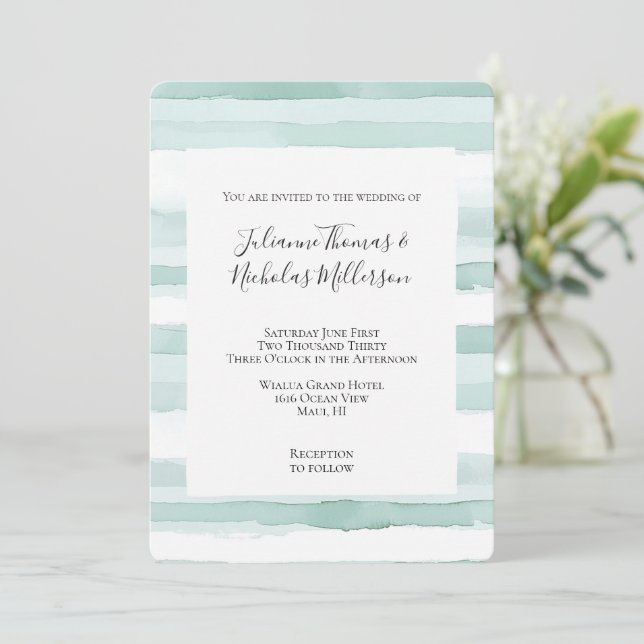 Invitation Beach Aqua Mint Stripes Mariage (Debout devant)