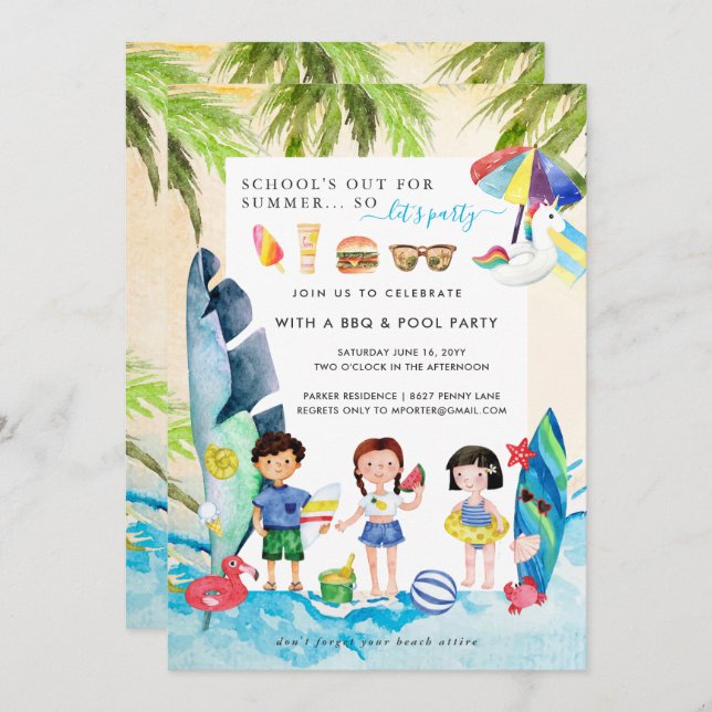 Invitation Beach Bash | Écoles hors fête d'été (Devant / Derrière)