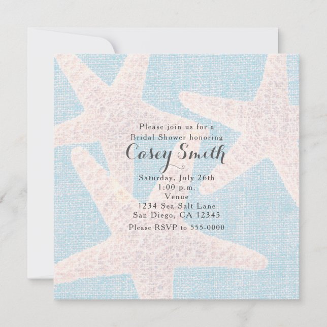 Invitation Beach Blue Burlap Starfish Mariage élégant (Devant)