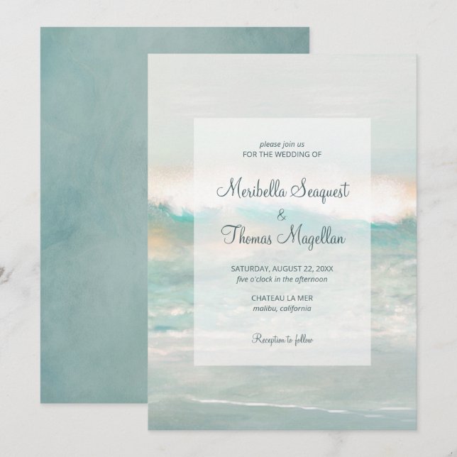 Invitation Beach Blue Ocean Waves Mariage (Devant / Derrière)