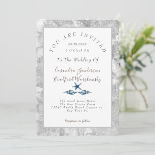 Invitation Beach Blue Seashell Silver Grey Mariage élégant