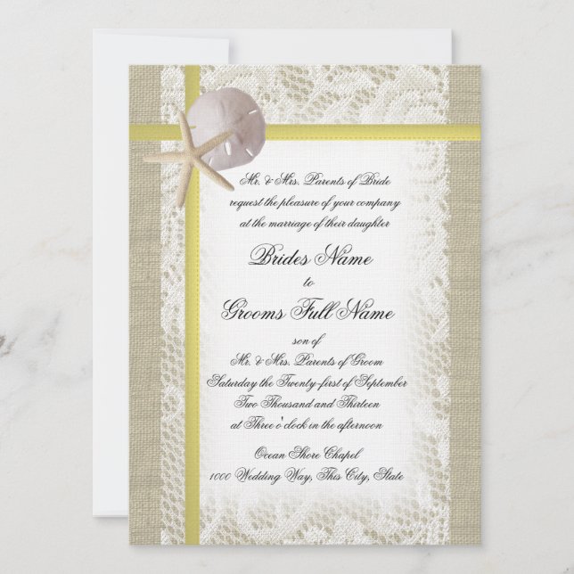 Invitation Beach Burlap et dentelle Mariage jaune (Devant)